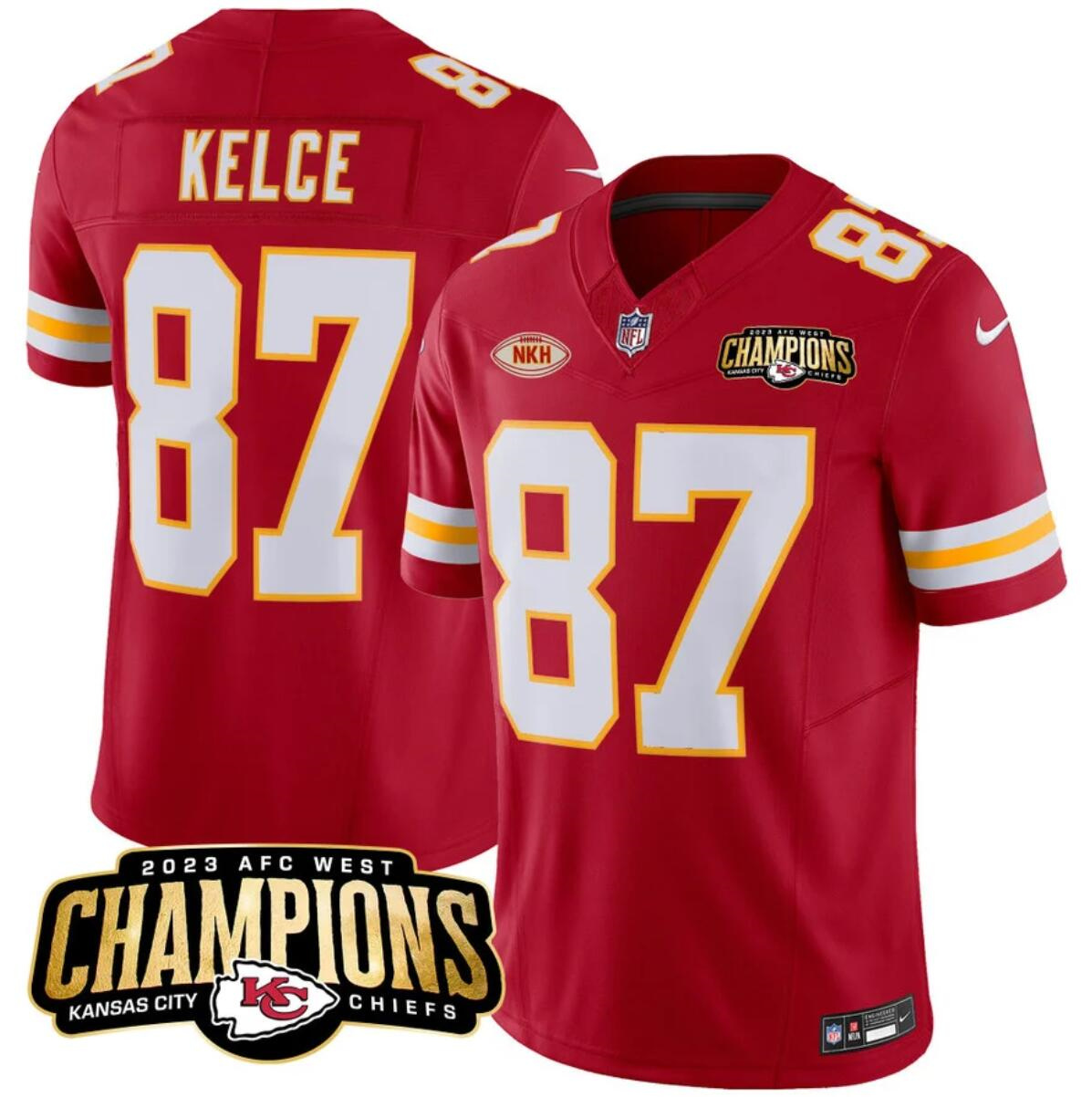Men’s Kansas City Chiefs #87 Travis Kelce Red 2023 F.U.S.E. AFC West Champions With "NKH" Patch Vapor Untouchable Limited Stitched Jersey