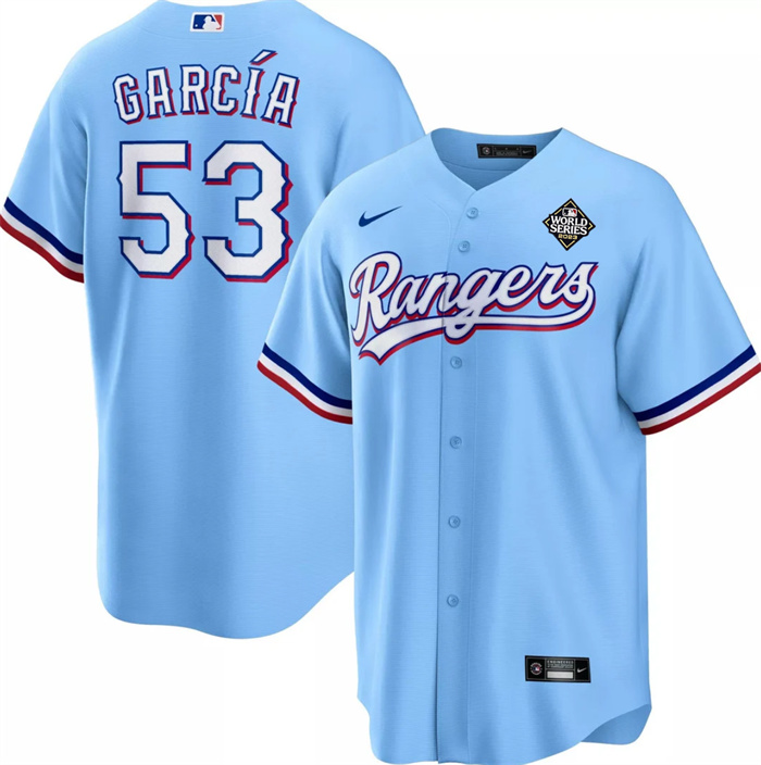 Men's Texas Rangers #53 Adolis García Blue 2023 World Series Cool Base Stitched Baseball Jersey