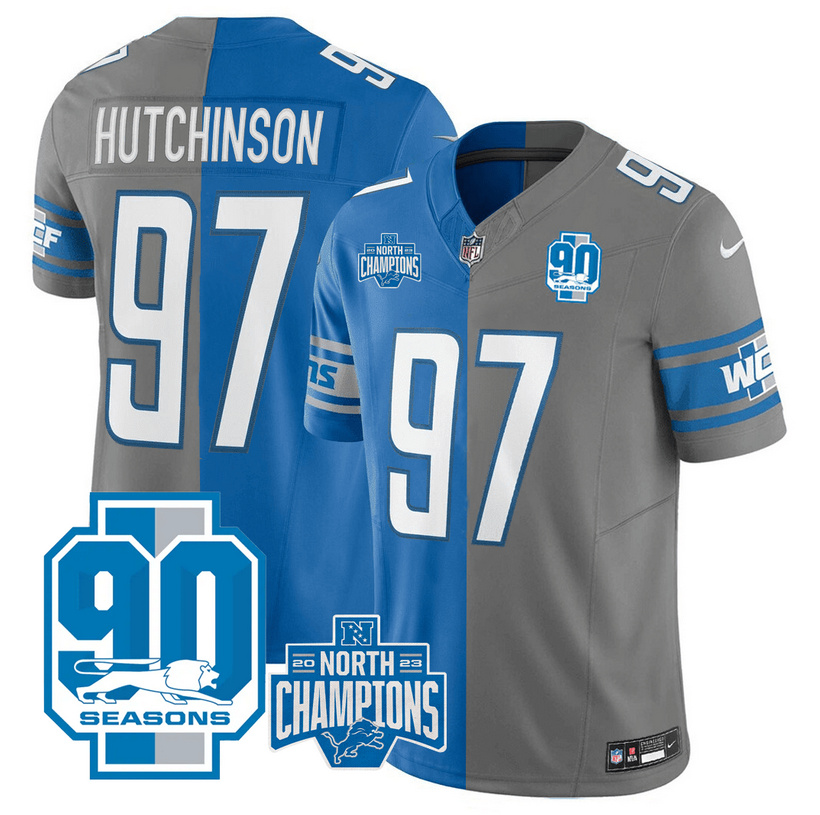 Men's Detroit Lions #97 Aidan Hutchinson Bllue/Grey Spilte 2023 F.U.S.E. 90th Anniversary NFC North Division Champions Vapor Untouchable Limited Stitched Jersey