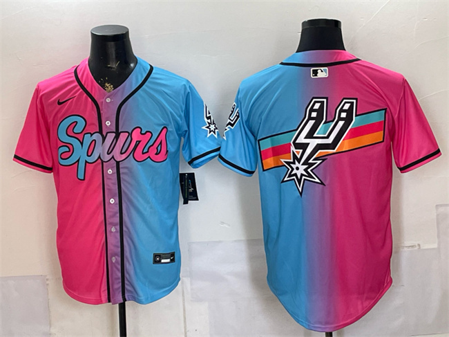 Men's San Antonio Spurs Team Big Logo Pink/Blue Limited Stitched Baseball Jersey