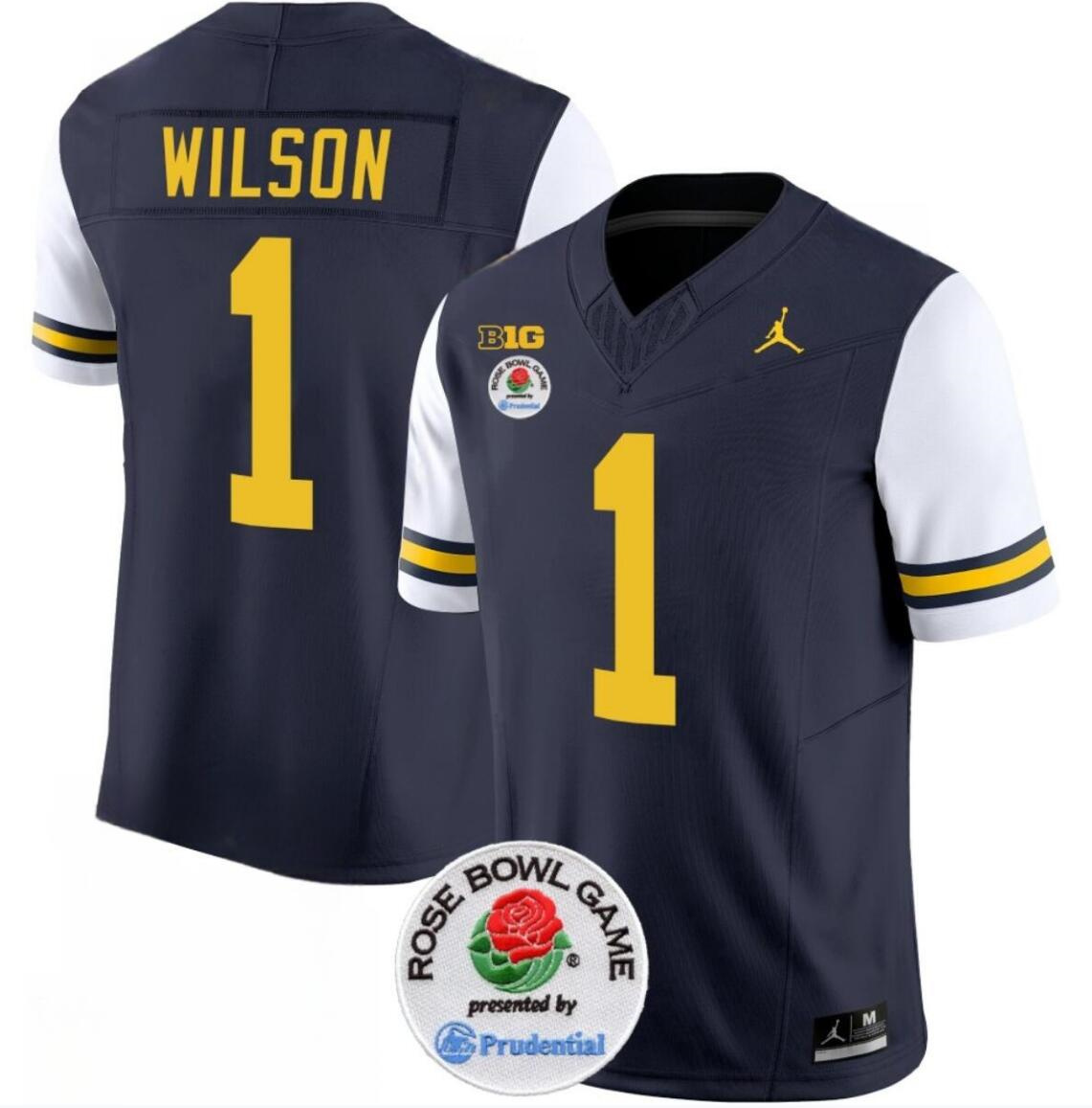 Men's Michigan Wolverines #1 Roman Wilson 2023 F.U.S.E. Navy/White Rose Bowl Patch Stitched Jersey