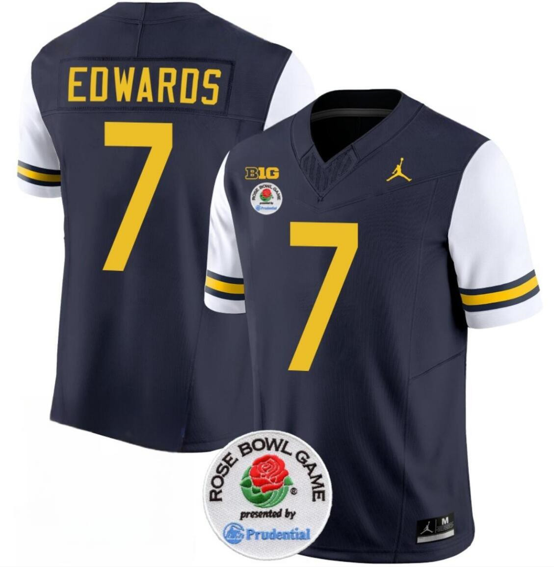 Men's Michigan Wolverines #7 Donovan Edwards 2023 F.U.S.E. Navy/White Rose Bowl Patch Stitched Jersey