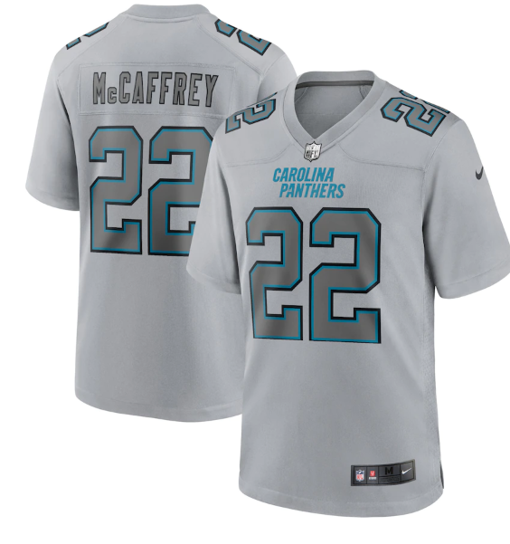 Women's Carolina Panthers #22 Christian McCaffrey Grey Atmosphere Fashion Stitched Game Jersey(Run Small)