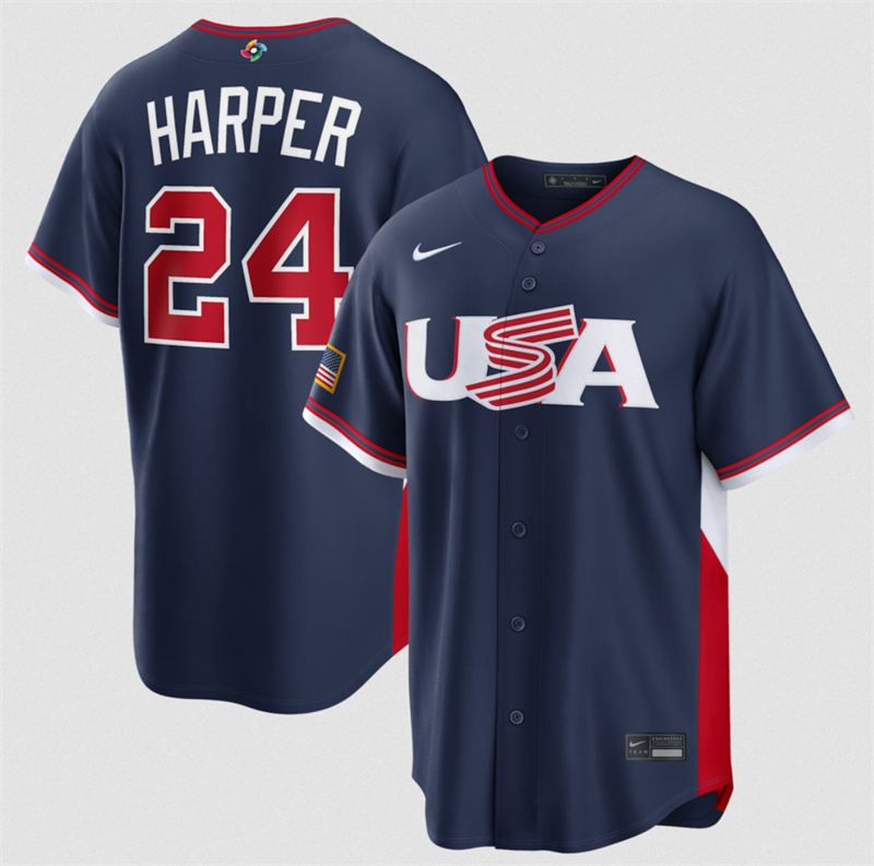 Youth USA Baseball #24 Bryce Harper Navy 2026 World Baseball Classic Road Stadium Stitched Jersey Youth USA Baseball #24 Bryce Harper Navy 2026 World Baseball Classic Road Stadium Stitched Jersey