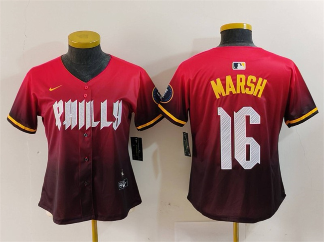 Women's Philadelphia Phillies #16 Brandon Marsh Red 2024 City Connect Limited Stitched Baseball Jersey Women's Philadelphia Phillies #16 Brandon Marsh Red 2024 City Connect Limited Stitched Baseball Jersey