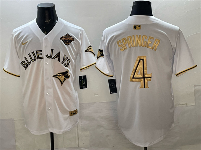 Men's Toronto Blue Jays #4 George Springer White Gold 2025 American League Champions Limited Stitched Baseball Jersey Men's Toronto Blue Jays #4 George Springer White Gold 2025 American League Champions Limited Stitched Baseball Jersey