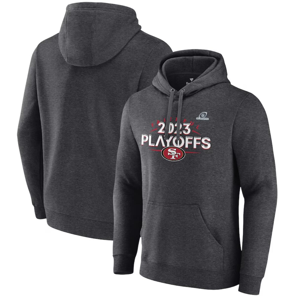 Men's San Francisco 49ers Heather Charcoal 2023 Playoffs Fleece Pullover Hoodie Men's San Francisco 49ers Heather Charcoal 2023 Playoffs Fleece Pullover Hoodie