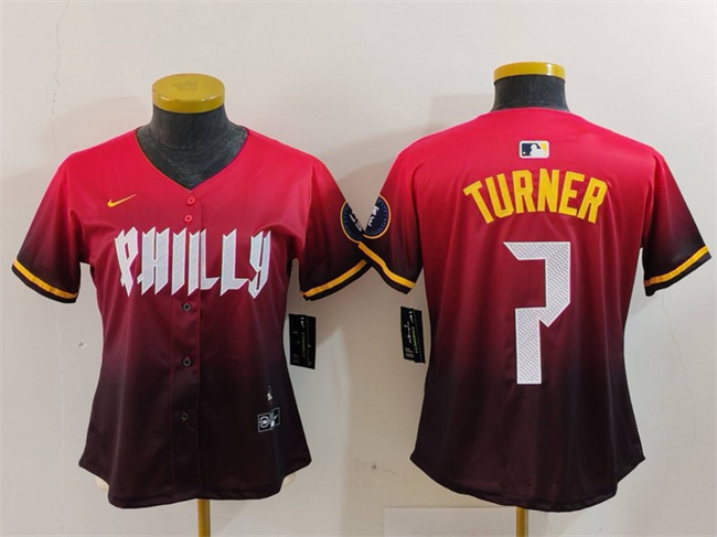 Women's Philadelphia Phillies #7 Trea Turner Red 2024 City Connect Limited Stitched Baseball Jersey Women's Philadelphia Phillies #7 Trea Turner Red 2024 City Connect Limited Stitched Baseball Jersey