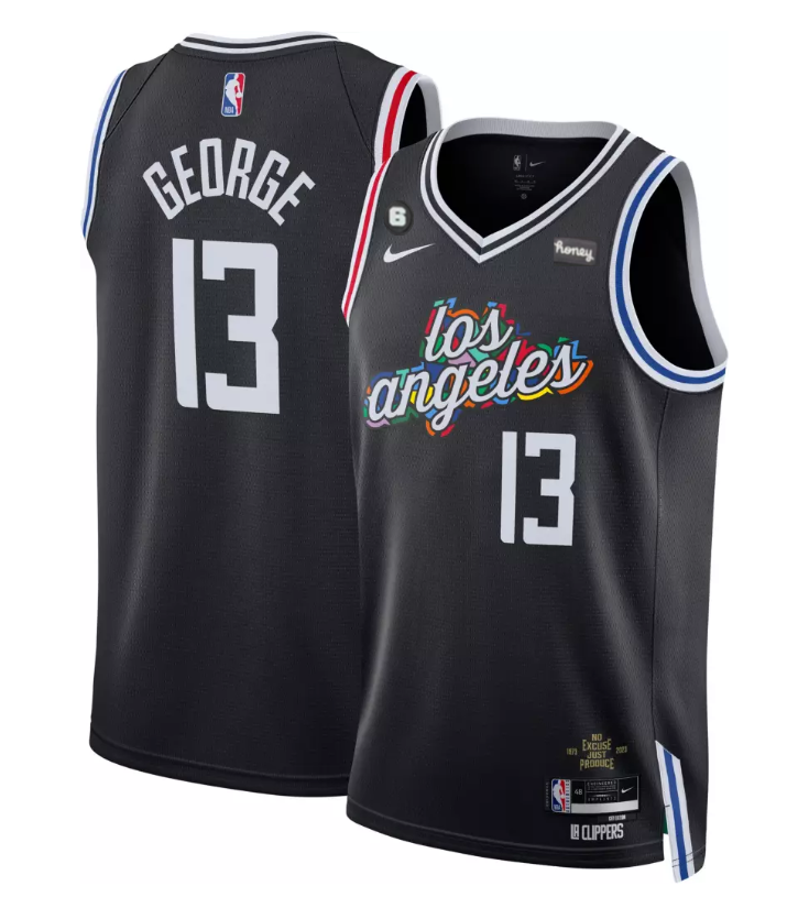 Men's Los Angeles Clippers #13 Paul George Black 2022/23 City Edition With NO.6 Patch Stitched Jersey Men's Los Angeles Clippers #13 Paul George Black 2022/23 City Edition With NO.6 Patch Stitched Jersey