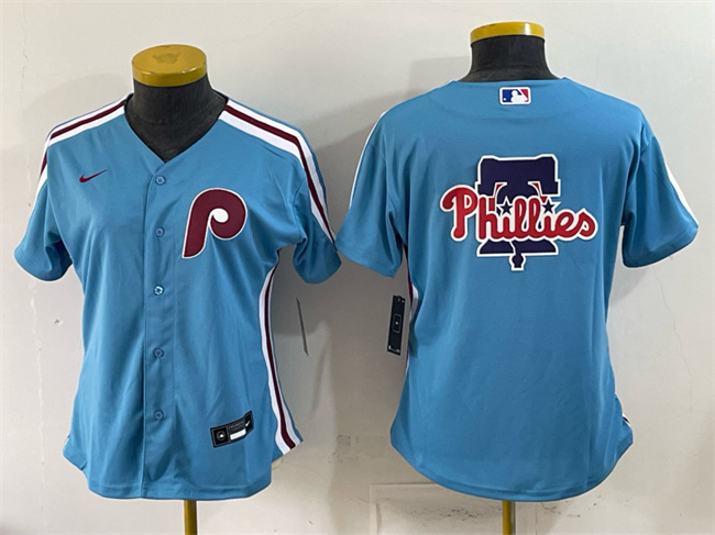 Women's Philadelphia Phillies Team Big Logo Blue Stitched Baseball Jersey(Run Small) Women's Philadelphia Phillies Team Big Logo Blue Stitched Baseball Jersey(Run Small)