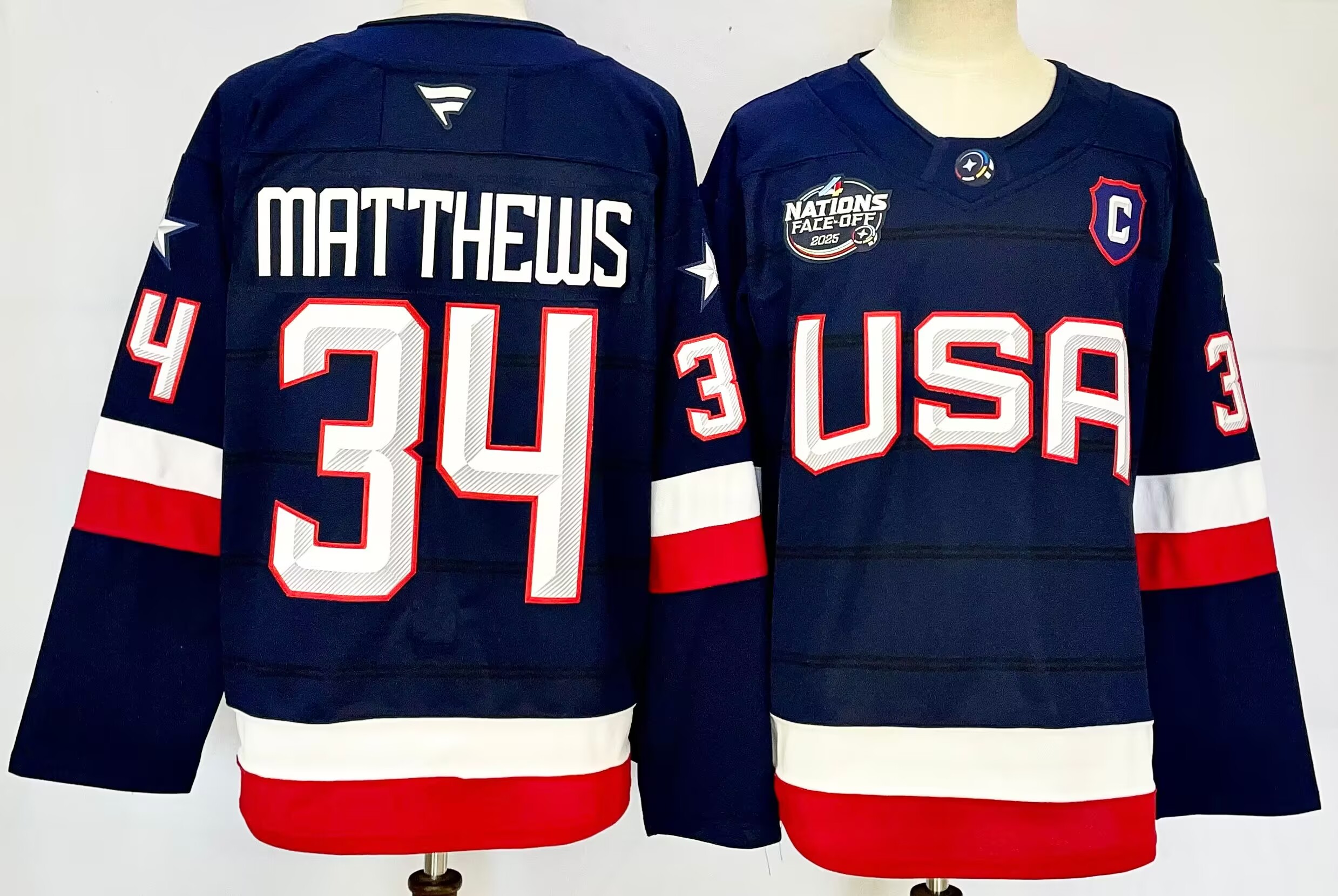 Men's USA #34 Auston Matthews Navy 2025 With C Patch 4 Nations Face-Off Stitched Jersey Men's USA #34 Auston Matthews Navy 2025 With C Patch 4 Nations Face-Off Stitched Jersey