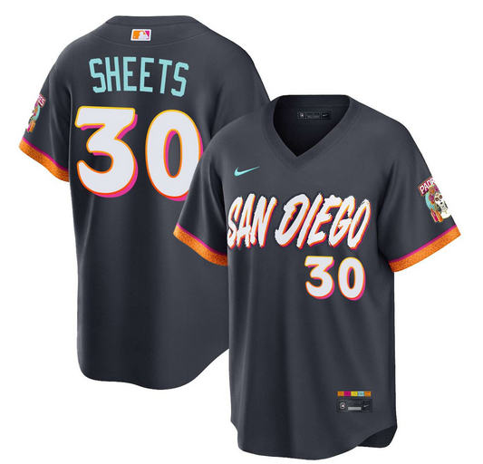 Men's San Diego Padres #30 Gavin Sheets Obsidian 2026 City Connect Stadium Stitched Baseball Jersey Men's San Diego Padres #30 Gavin Sheets Obsidian 2026 City Connect Stadium Stitched Baseball Jersey