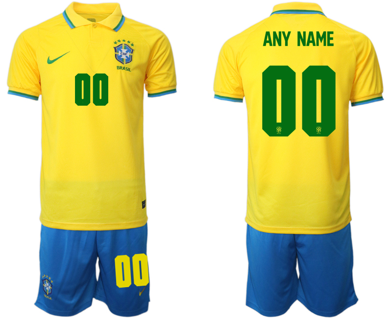 Men's Brazil Custom Yellow 2022 FIFA World Cup Home Soccer Jersey Suit
