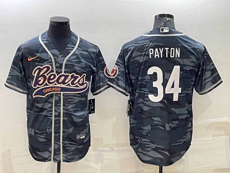 Men's Chicago Bears Blank #34 Walter Payton Grey Camo With Patch Cool Base Stitched Baseball Jersey 001