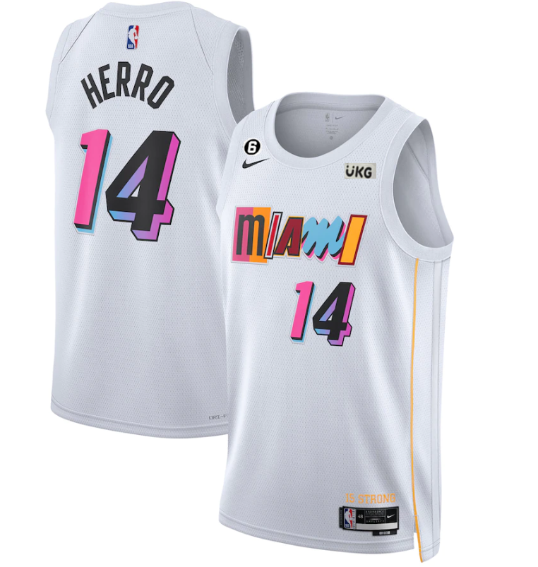 Men's Miami Heat #14 Tyler Herro White 2022/23 City Edition With NO.6 Patch Stitched Jersey Men's Miami Heat #14 Tyler Herro White 2022/23 City Edition With NO.6 Patch Stitched Jersey