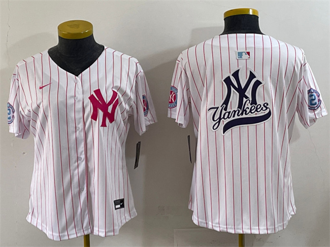 Youth New York Yankees Team Big Logo White/Pink Pinstripe Limited Stitched Baseball Jersey 003