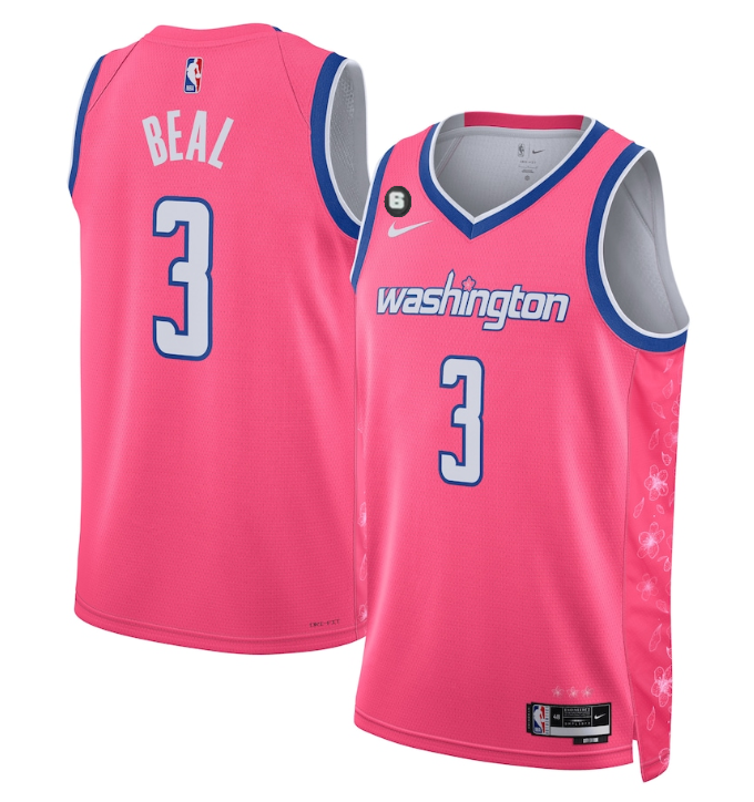 Men's Washington Wizards #3 Bradley Beal 2022/23 Pink Cherry Blossom City Edition With NO.6 Patch Limited Stitched Basketball Jersey Men's Washington Wizards #3 Bradley Beal 2022/23 Pink Cherry Blossom City Edition With NO.6 Patch Limited Stitched Basketball Jersey