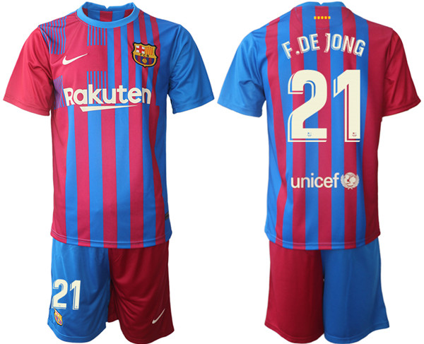 Men's Barcelona #21 Frenkie de Jong 2021/22 Red Blue Home Soccer Jersey Suit