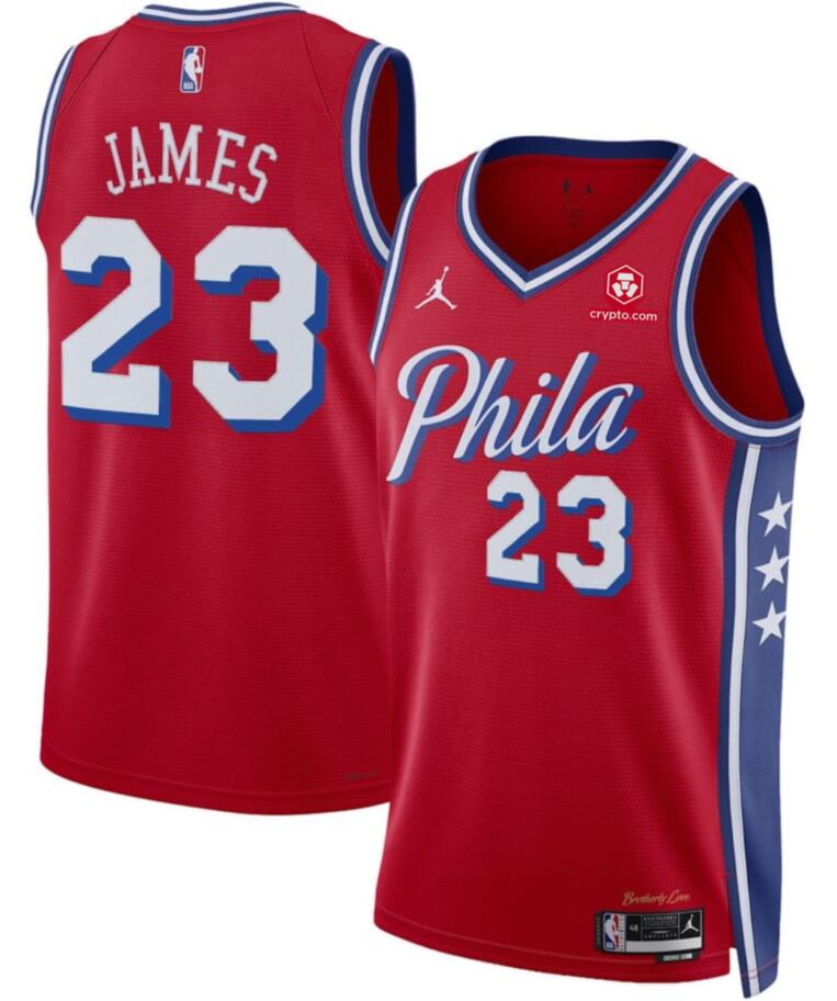 Men's Philadelphia 76ers #23 LeBron James Red 2026 Statement Edition With Patch Stitched Jersey