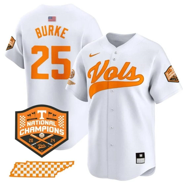 Men's Tennessee Volunteers #25 Blake Burke White 2024 Champions Vapor Limited Stitched Jersey Men's Tennessee Volunteers #25 Blake Burke White 2024 Champions Vapor Limited Stitched Jersey