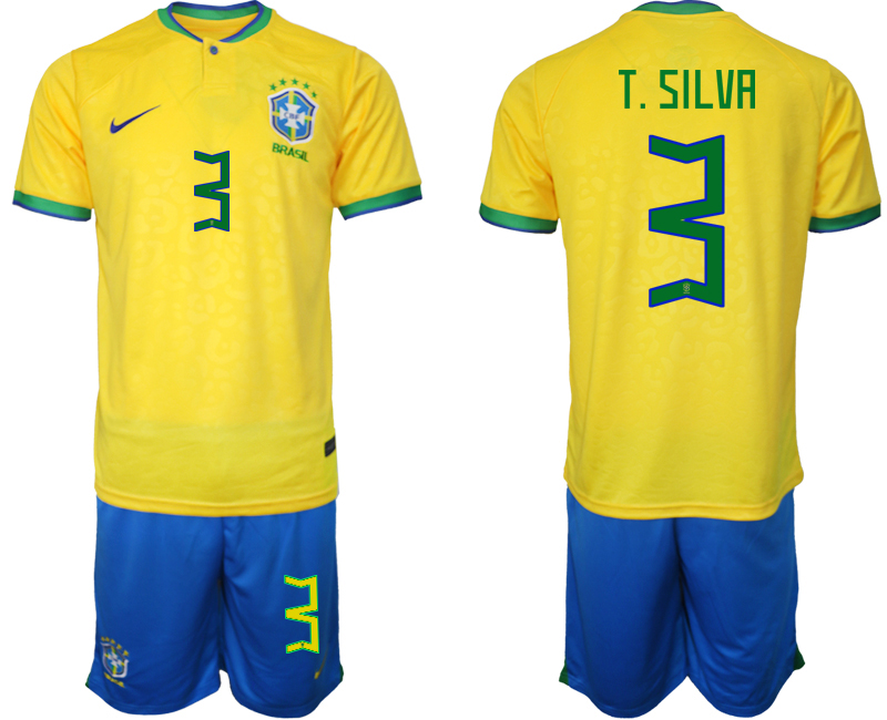 Men's Brazil #3 T. Silva Yellow 2022 FIFA World Cup HomeSoccer Jersey Suit