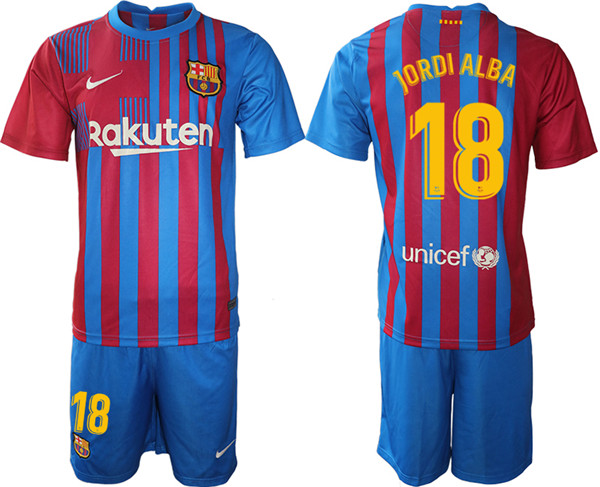 Men's Barcelona #18 Jordi Alba 2021/22 Home Soccer Jersey Suit