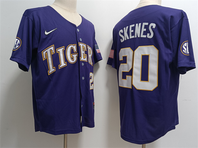 Men's LSU Tigers #20 Paul Skenes Purple Stitched Baseball Jersey Men's LSU Tigers #20 Paul Skenes Purple Stitched Baseball Jersey