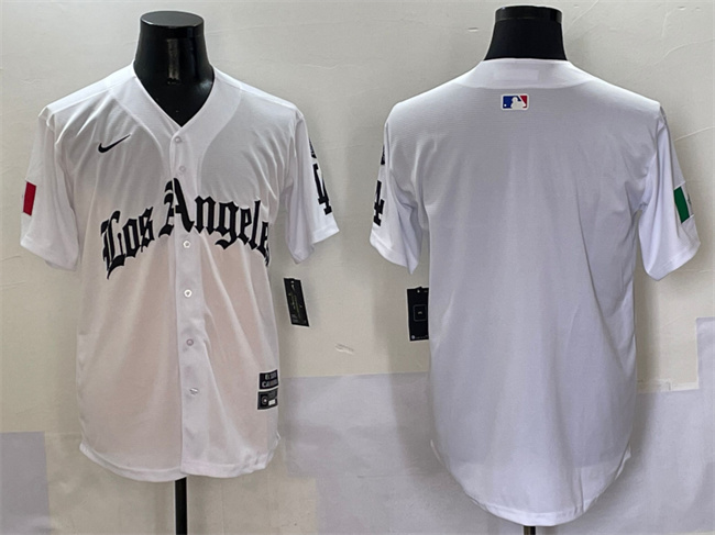 Men's Los Angeles Dodgers Blank White Mexico 2025 LA Gothic Style With Fernando Patch Vapor Premier Limited Stitched Baseball Jersey Men's Los Angeles Dodgers Blank White Mexico 2025 LA Gothic Style With Fernando Patch Vapor Premier Limited Stitched Baseball Jersey