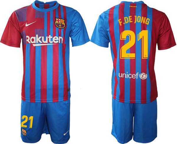 Men's Barcelona #21 Frenkie de Jong 2021/22 Red Home Soccer Jersey Suit