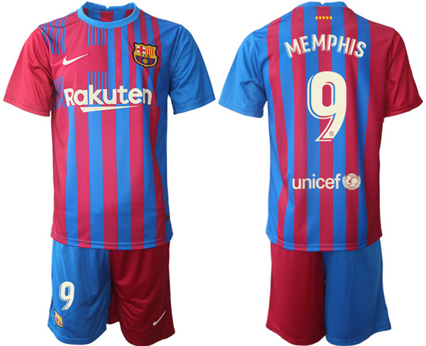 Men's Barcelona #9 Memphis 2021/22 Home Soccer Jersey Suit