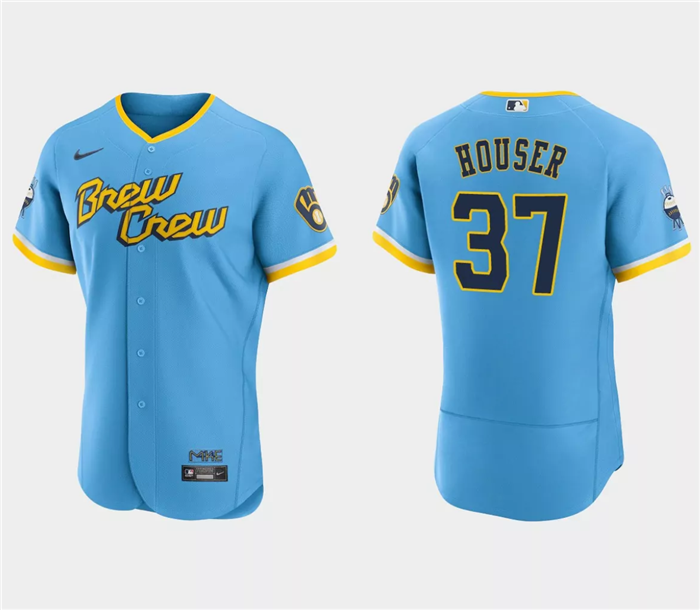 Men's Milwaukee Brewers #37 Adrian Houser Powder Blue 2022 City Connect Flex Base Stitched MLB Jersey