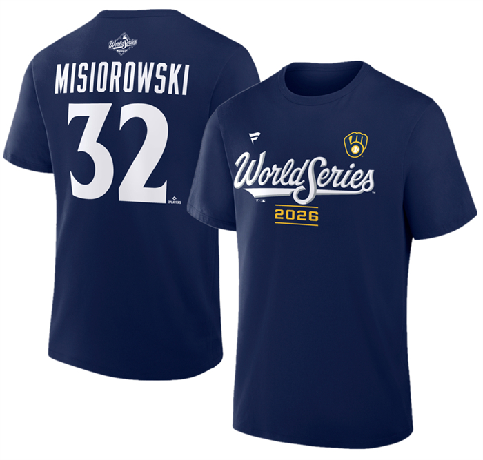 Men's Milwaukee Brewers #32 Jacob Misiorowski Navy 2026 World Series Name & Number T-Shirt