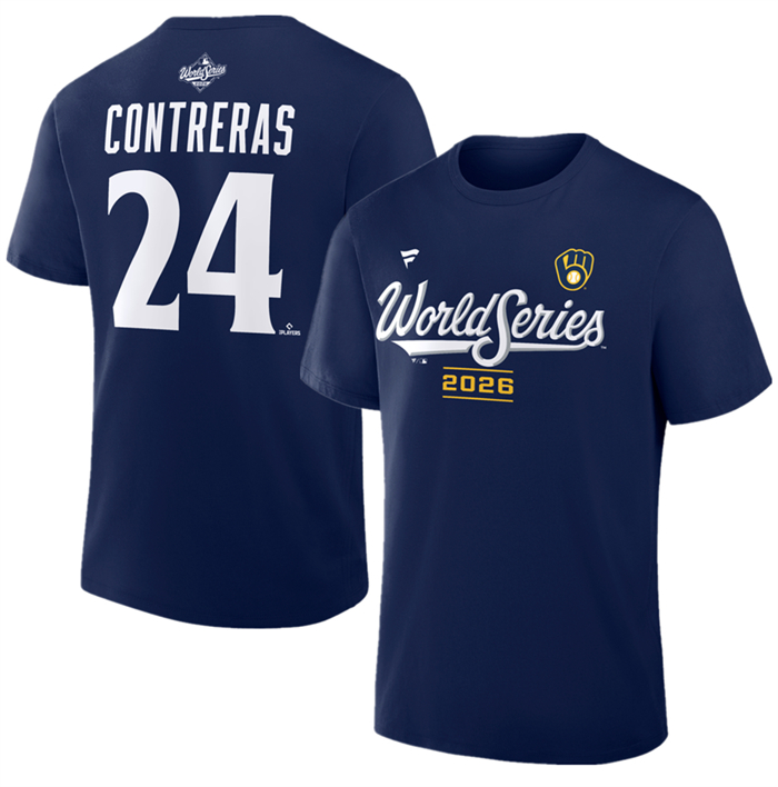 Men's Milwaukee Brewers #24 William Contreras Navy 2026 World Series Name & Number T-Shirt