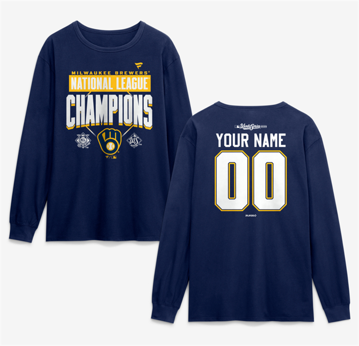 Men's Milwaukee Brewers Custom Navy 2026 National League Champions Name & Number Long Sleeve T-Shirt