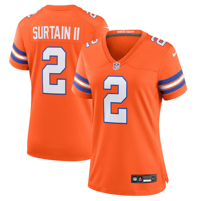 Women's Denver Broncos #2 Patrick Surtain II Orange Mile High Collection 1977 Throwback Stitched Jersey(Run Small) Women's Denver Broncos #2 Patrick Surtain II Orange Mile High Collection 1977 Throwback Stitched Jersey(Run Small)