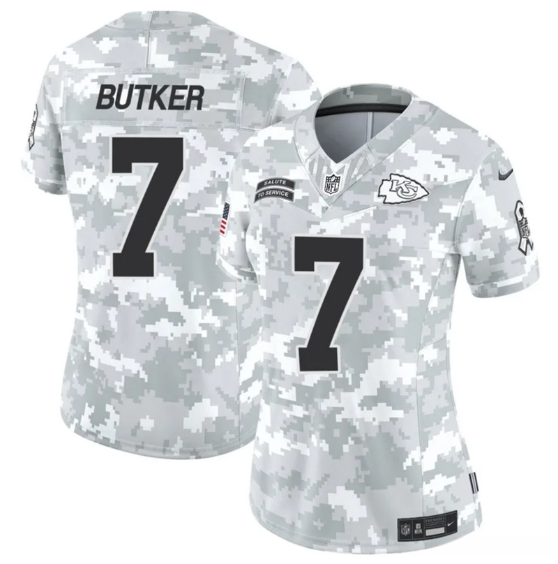 Women's Kansas City Chiefs #7 Harrison Butker 2024 F.U.S.E Arctic Camo Salute to Service Limited Stitched Football Jersey(Run Small) Women's Kansas City Chiefs #7 Harrison Butker 2024 F.U.S.E Arctic Camo Salute to Service Limited Stitched Football Jersey(Run Small)