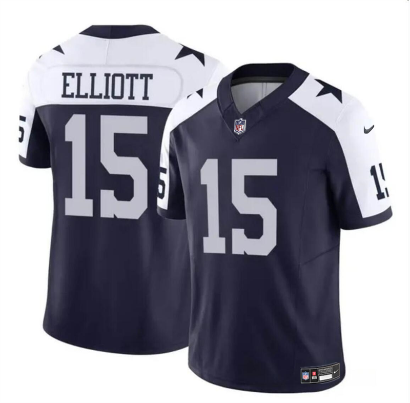 Youth Dallas Cowboys #15 Ezekiel Elliott Navy/White 2023 F.U.S.E Thanksgiving Vapor Limited Stitched Football Jersey