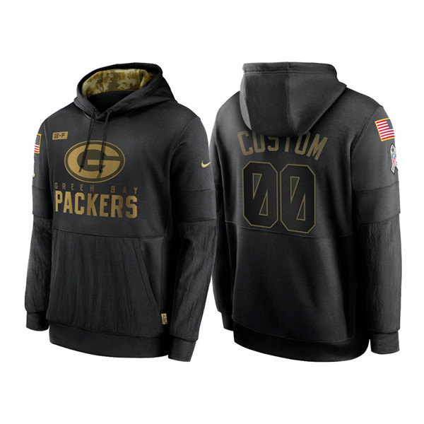 Men's Green Bay Packers Black 2020 Customize Salute to Service Sideline Therma Pullover Hoodie
