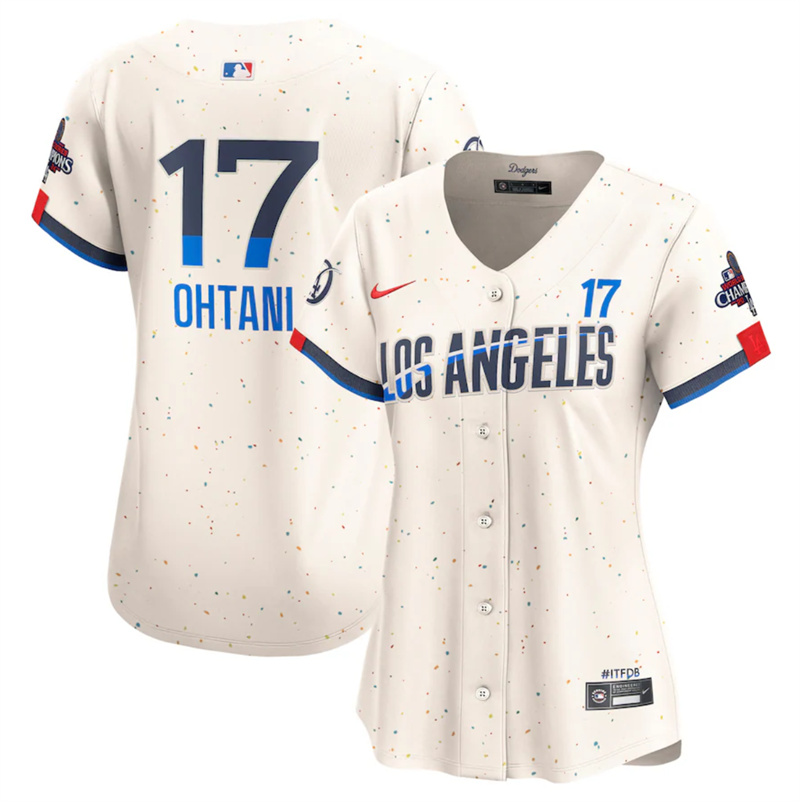Women's Los Angeles Dodgers #17 Shohei Ohtani Cream 2024 World Series Champions City Connect Limited Stitched Baseball Jersey (Run Small))