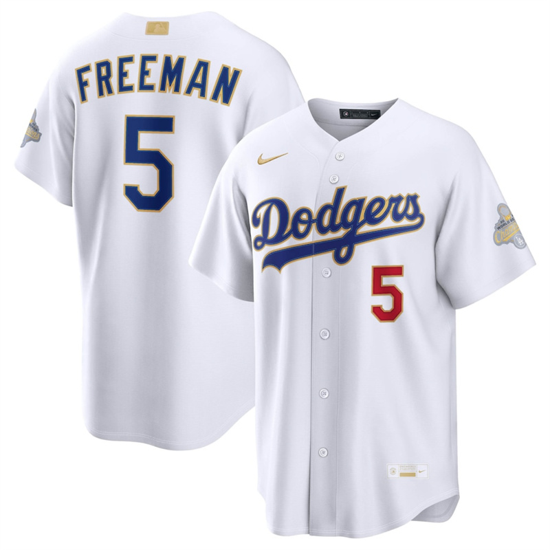 Men's Los Angeles Dodgers #5 Freddie Freeman White 2026 Gold Collection Stadium Stitched Baseball Jersey Men's Los Angeles Dodgers #5 Freddie Freeman White 2026 Gold Collection Stadium Stitched Baseball Jersey