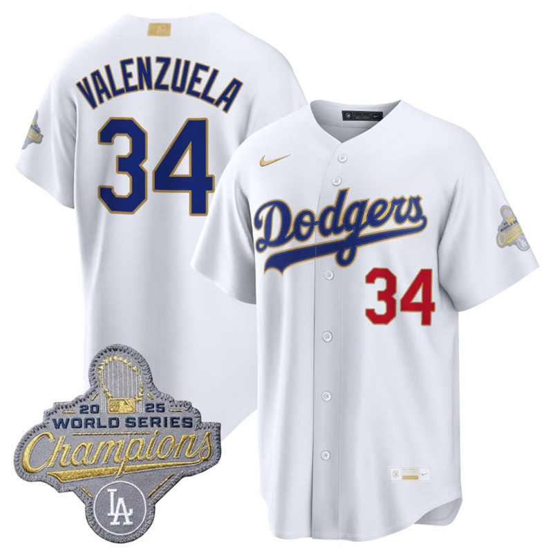 Men's Los Angeles Dodgers #34 Fernando Valenzuela White 2026 Gold Collection Stadium Stitched Baseball Jersey Men's Los Angeles Dodgers #34 Fernando Valenzuela White 2026 Gold Collection Stadium Stitched Baseball Jersey