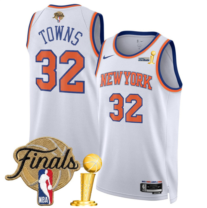 New Yok Knicks #32 Karl-Anthony Towns White 2026 Finals Patch And Finals Champions Patch Association Edition Stitched Basketball Jersey New Yok Knicks #32 Karl-Anthony Towns White 2026 Finals Patch And Finals Champions Patch Association Edition Stitched Basketball Jersey