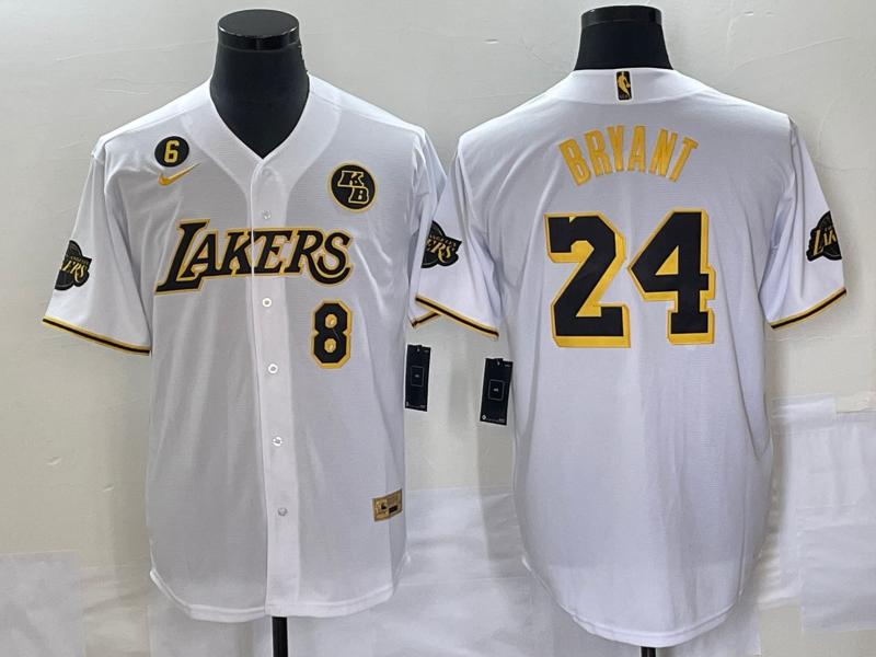 Men's Los Angeles Lakers Front #8 Back #24 Kobe Bryant With NO.6 And KB Patch White Cool Base Stitched Baseball Jersey Men's Los Angeles Lakers Front #8 Back #24 Kobe Bryant With NO.6 And KB Patch White Cool Base Stitched Baseball Jersey
