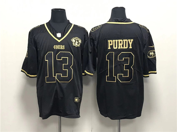 Men's San Francisco 49ers #13 Brock Purdy Black Gold With 75th Anniversary Patch Stitched Jerseych Cool Base Stitched Baseball Jersey