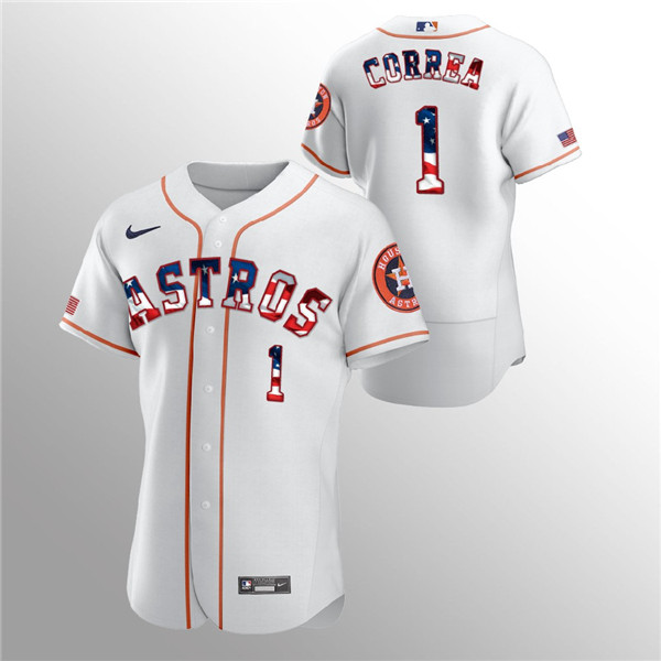 Men's Houston Astros #1 Carlos Correa White 2020 Stars & Stripes Flex Base Stitched Jersey