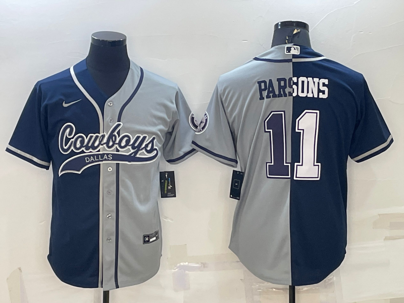 Men's Dallas Cowboys #11 Micah Parsons Navy/Grey Split With Patch Cool Base Stitched Baseball Jersey