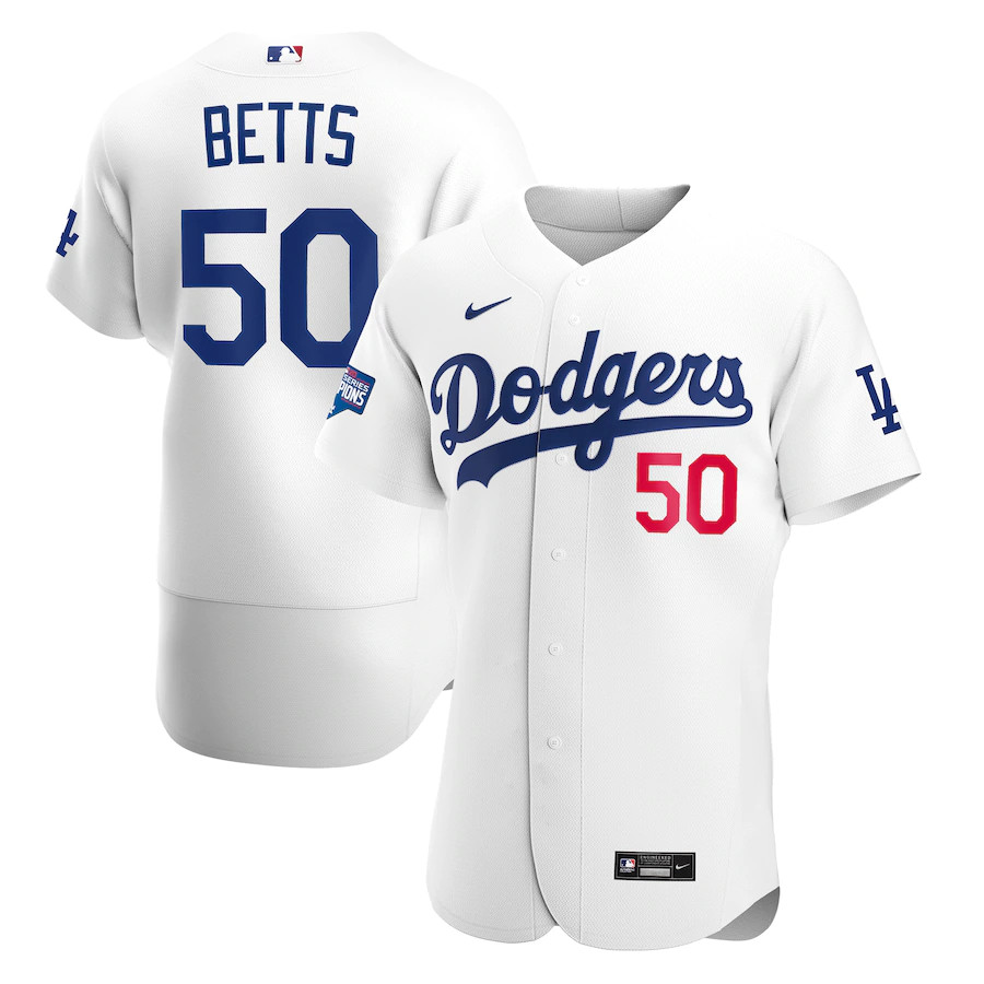 Men's Los Angeles Dodgers #50 Mookie Betts White 2020 World Series Champions Patch MLB Sttiched Jersey