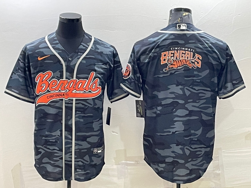 Men's Cincinnati Bengals Grey Camo Team Big Logo With Patch Cool Base Stitched Baseball Jersey