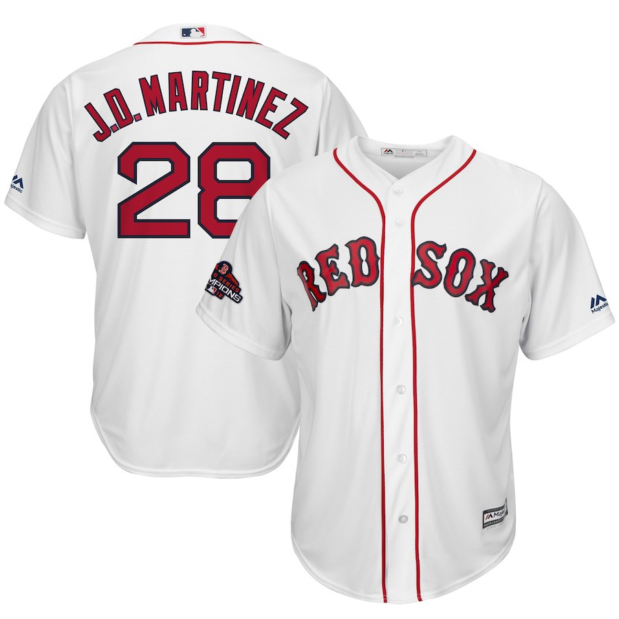 Men's Boston Red Sox #28 J.D. Martinez Majestic White 2018 World Series Champions Team Logo Player Stitched MLB Jersey