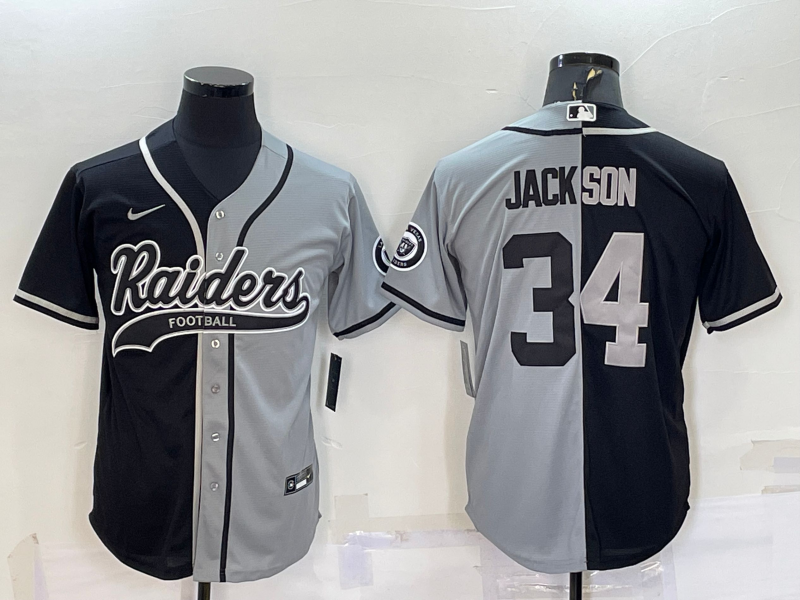 Men's Las Vegas Raiders #34 Bo Jackson Black/Grey Split With Patch Cool Base Stitched Baseball Jersey